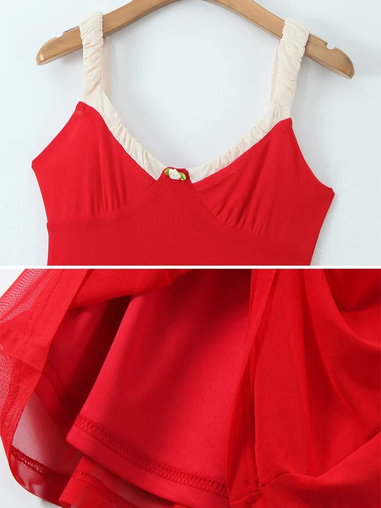 V Neck Spaghetti Strap Red Party Women's Dress Flower Decor Elegant Sleeveless Bodycon Maxi Vestidos 2025 Beach Casual Long Robe
