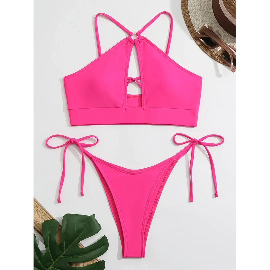 Cut Out Halter Bikini Female Swimsuit Women Swimwear Two-Pieces Bikini Set Padded Strappy Bather Bathing Suit Swim Lady V3423
