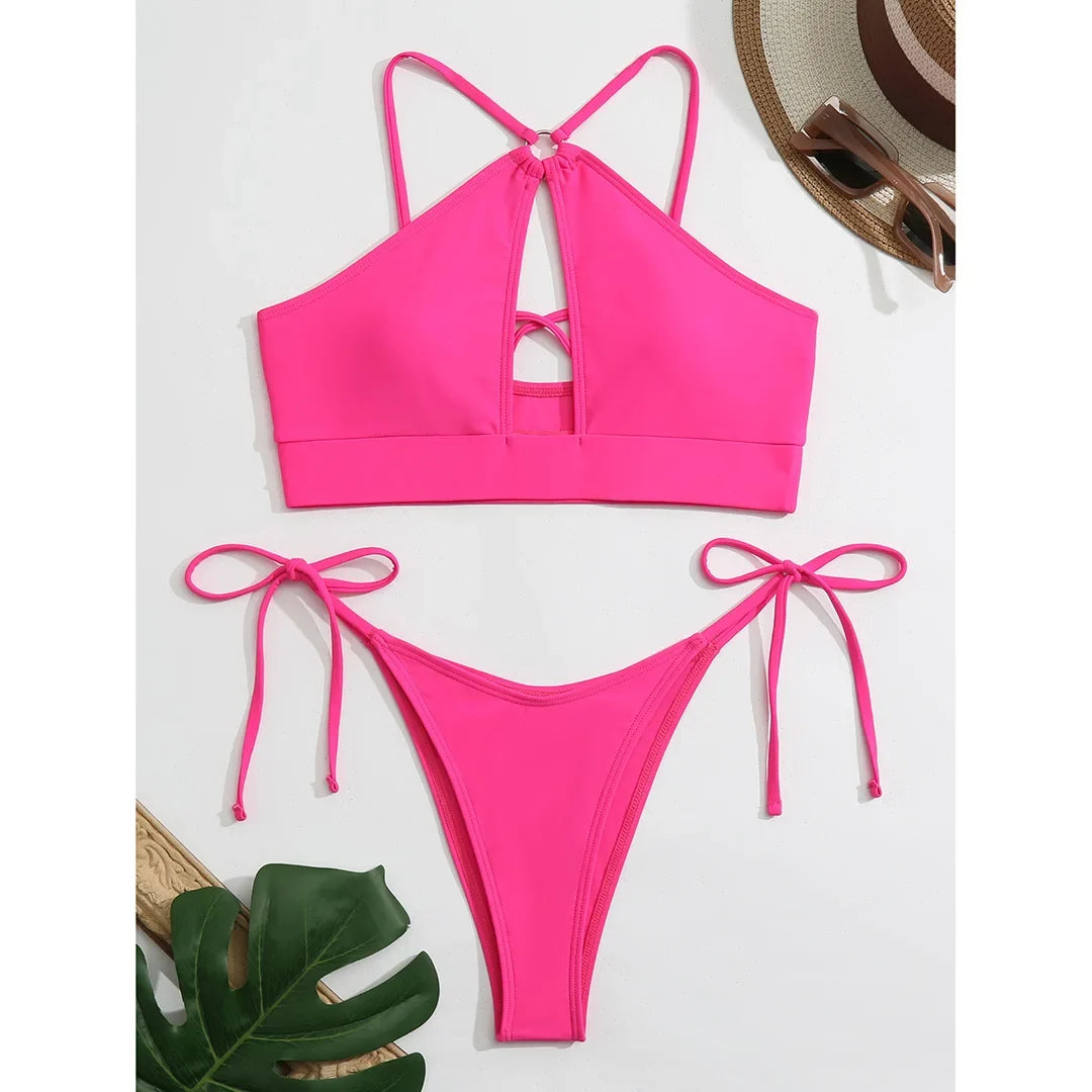 Cut Out Halter Bikini Female Swimsuit Women Swimwear Two-Pieces Bikini Set Padded Strappy Bather Bathing Suit Swim Lady V3423