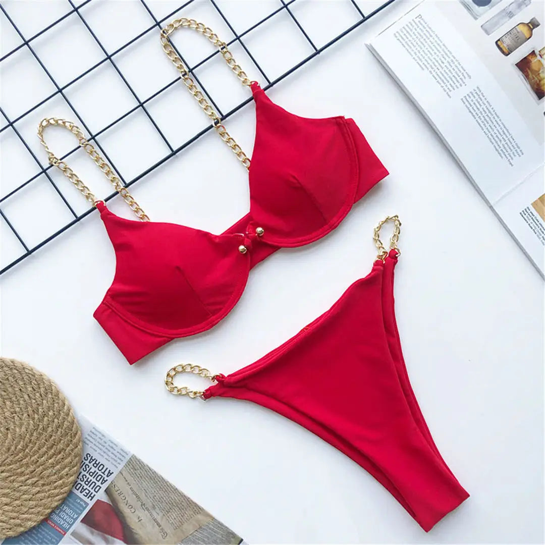 Sexy High Cut Golden Chain Bikini Women Swimwear Female Swimsuit Two-Pieces Bikini Set Underwired Bather Bathing Suit Swim V1646