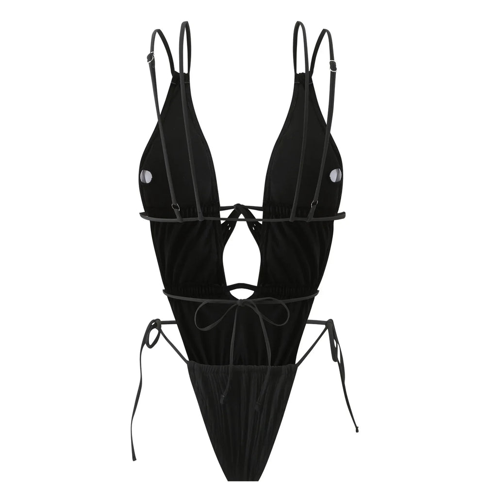 2026 New Deep V One Piece Black Swimsuit Halter Solid Color Women's Backless Bathing Suit Bandage White Swimwear For Female