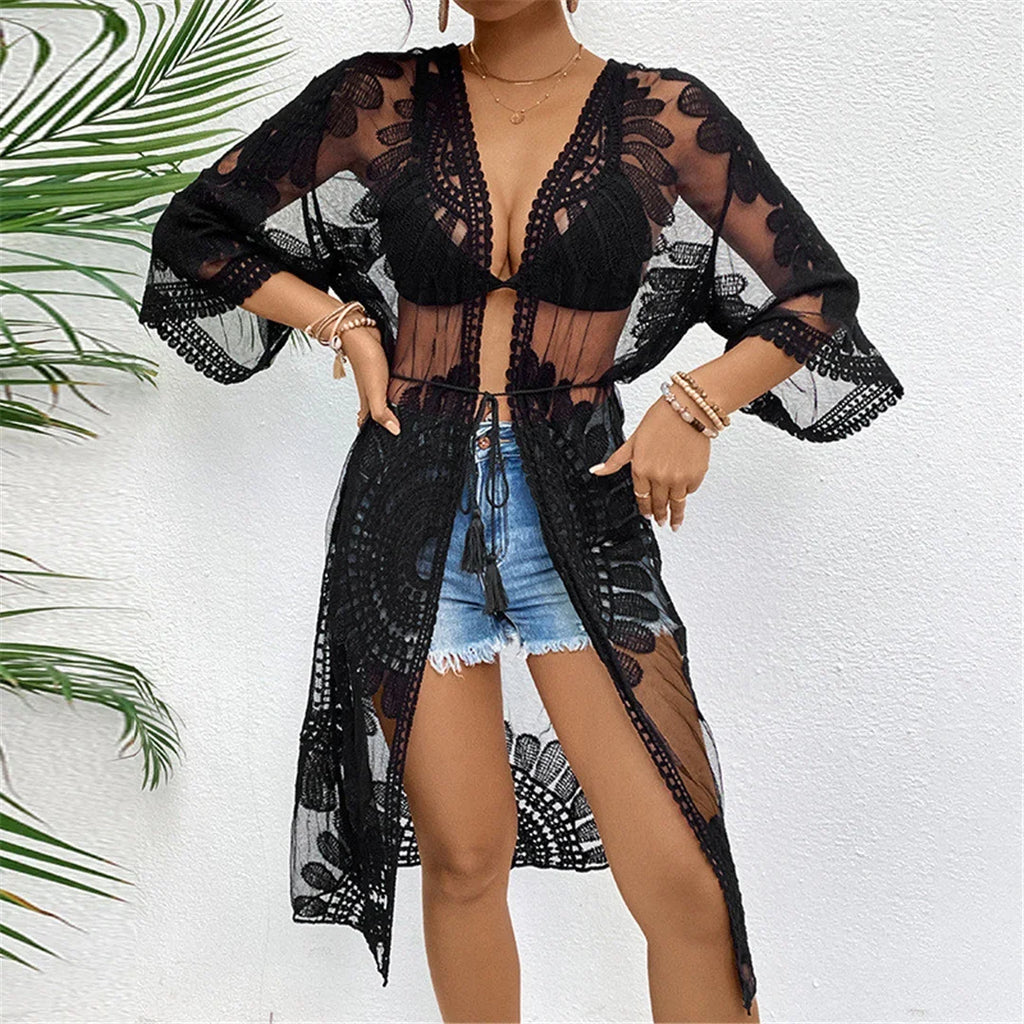 Sexy Embroidery Half Sleeve Chiffon Cardigan Tunic Beach Cover Up Cover-ups Beach Dress Beach Wear Beachwear Female Women V5510