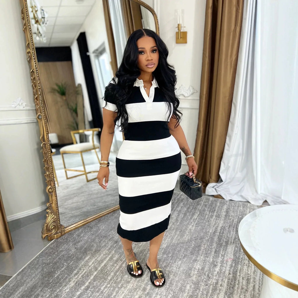 Summer women's fashionable lapel contrasting color slim fit slit dress