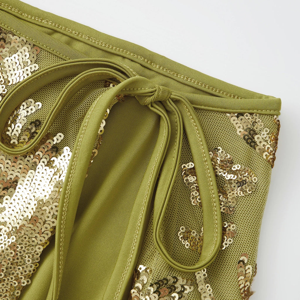 Women Sparkly Sequin Mini Skirts Side Tie-up Split Skirt Trendy Summer Low Rise Streetwear