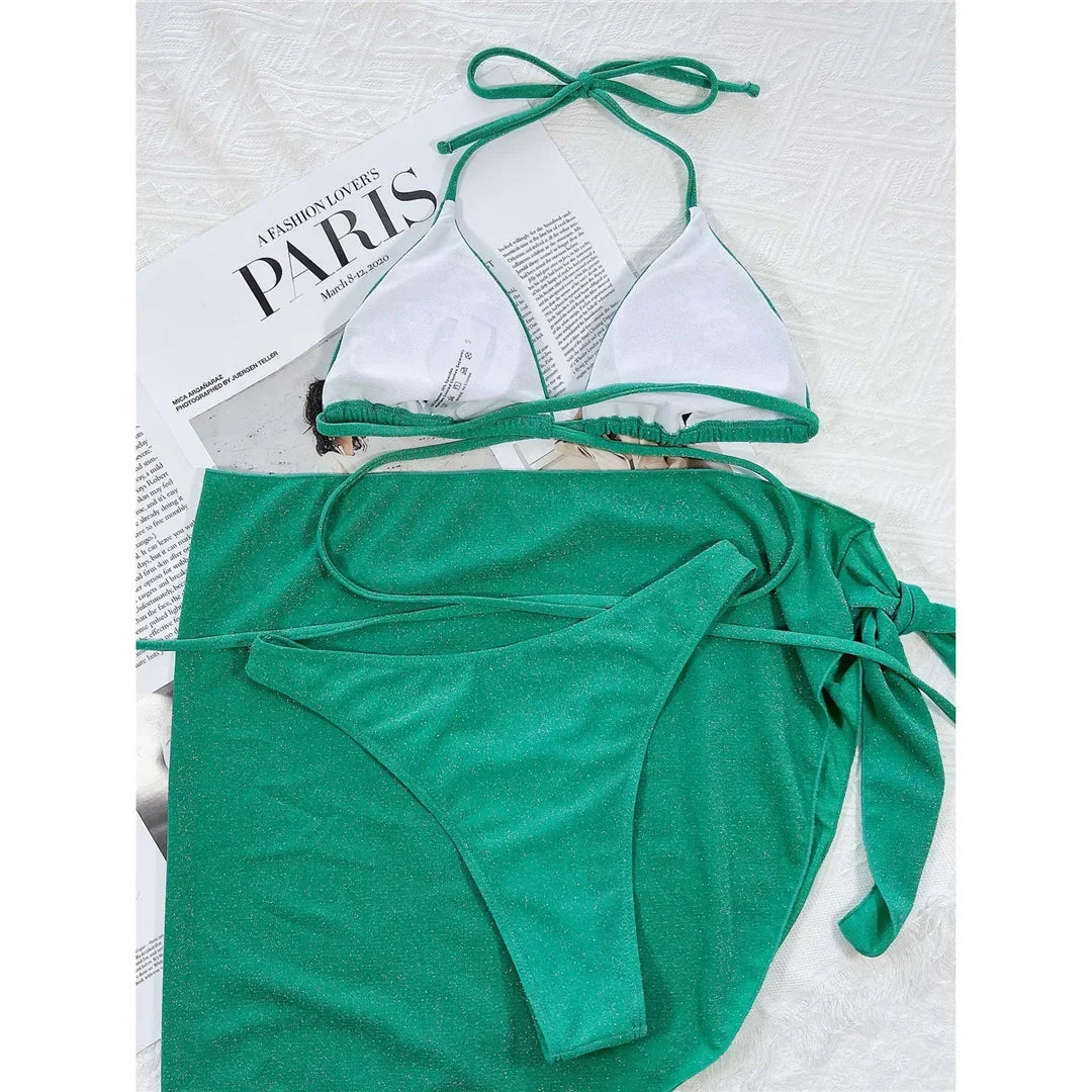 Glitter Sparkling Wrap Around Bikini Women Swimwear Female Swimsuit Three-piece Bikini set Sarong Bather Bathing Suit Swim V3679