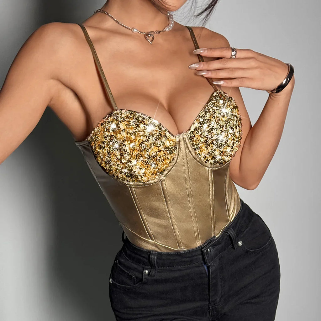 Shiny Sequins Silver Patchwork Bodysuit Women PU Leather Fishbone Rompers Hanging Neck Underwired Slimming Bodycon Bodysuit