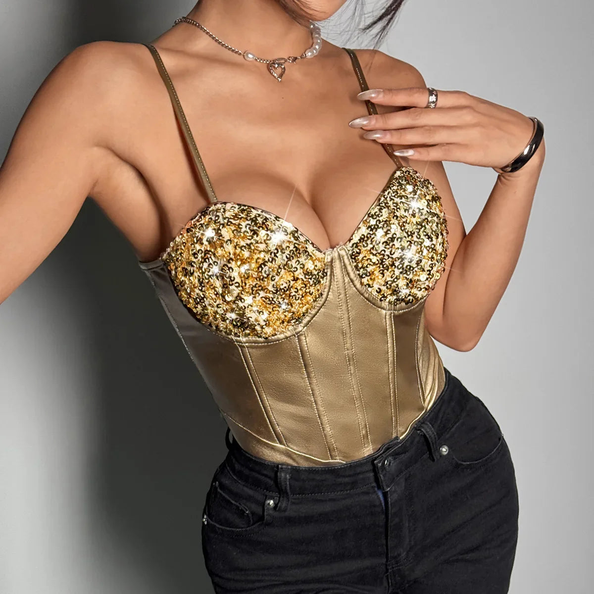 Shiny Sequins Silver Patchwork Bodysuit Women PU Leather Fishbone Rompers Hanging Neck Underwired Slimming Bodycon Bodysuit