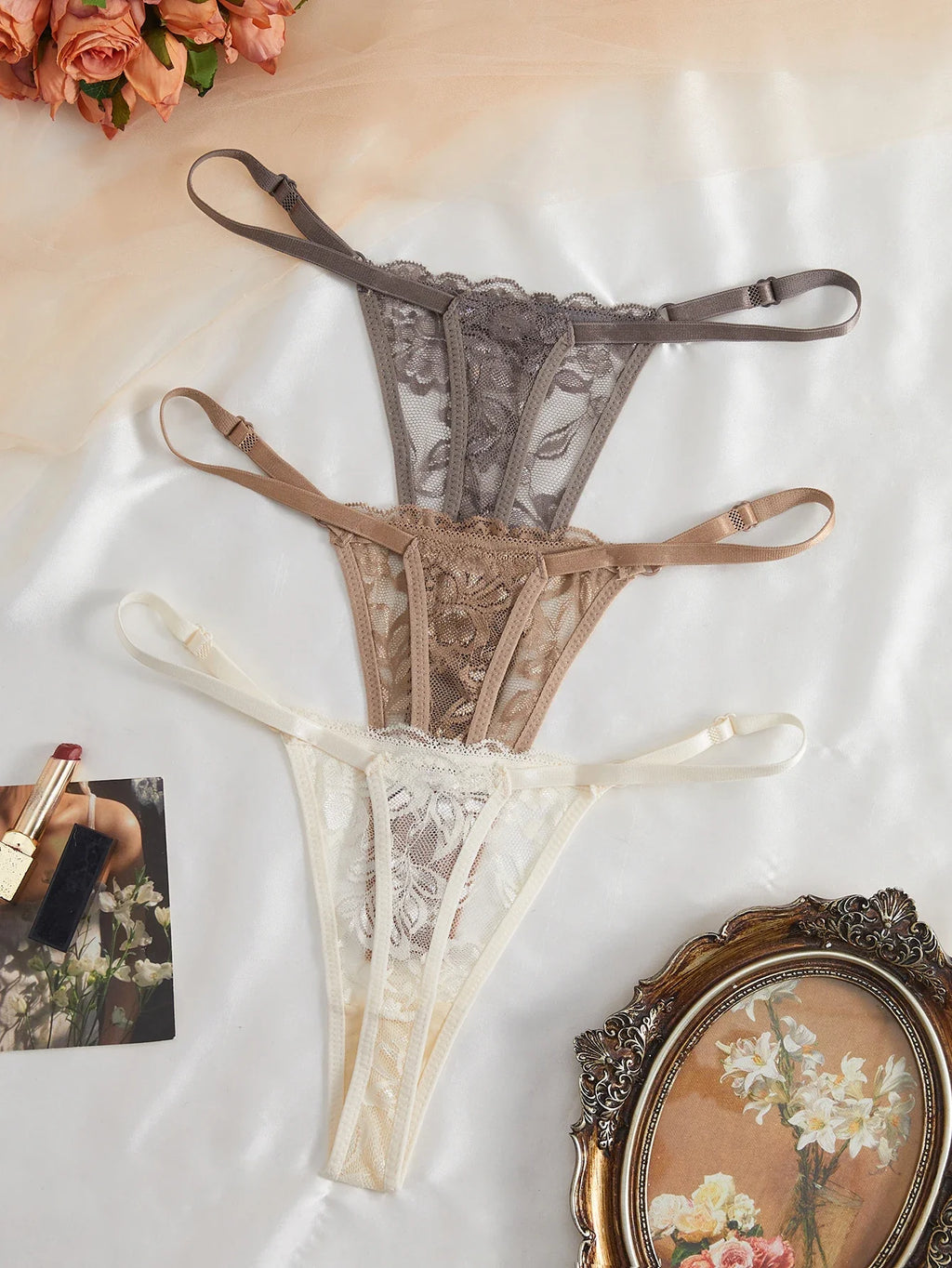 3Pcs/Set Women Sexy Floral Lace Thong Panties Low Waist Hollow Lace Sexy Lingerie Adjustable Thin Strap Underwear