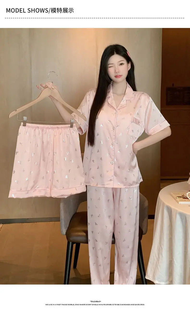 Women's padded pajamas spring and summer three-piece silk home clothes can be worn outside