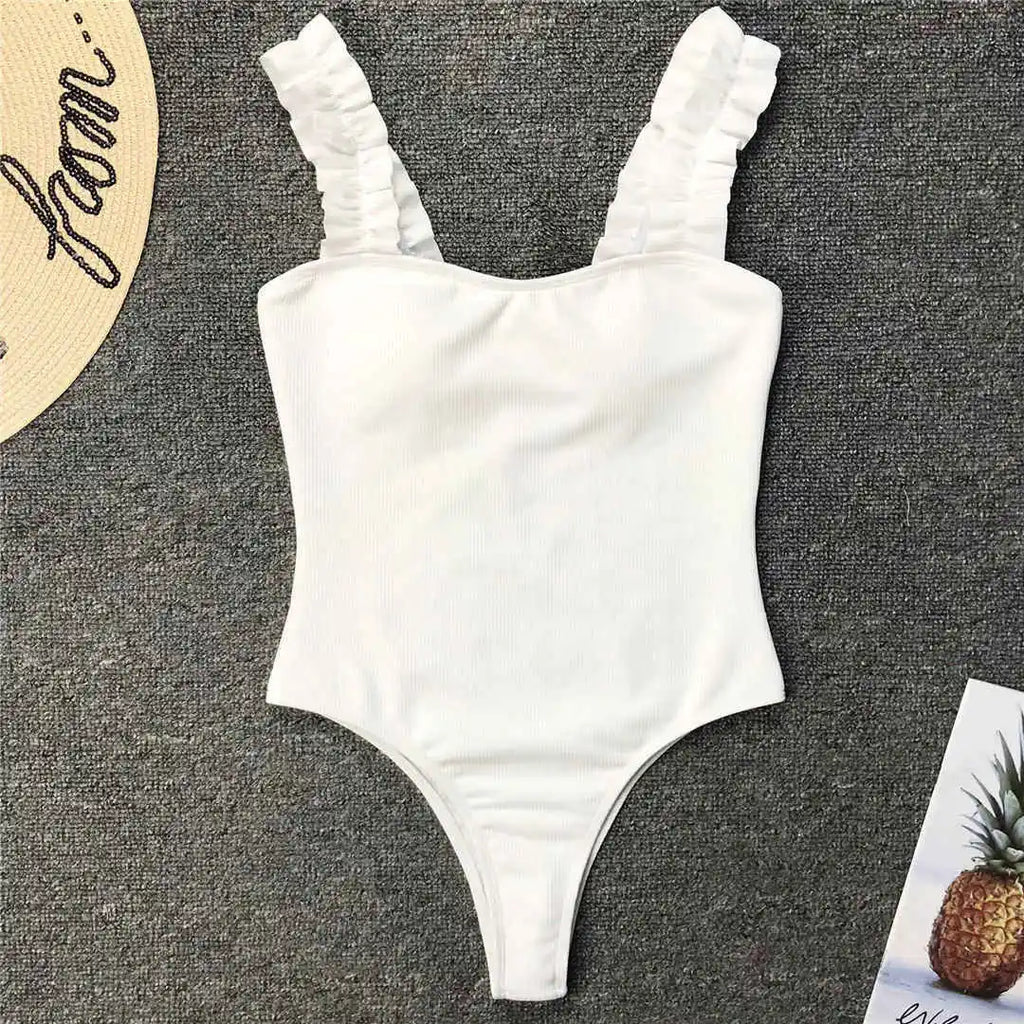 6 Colors Frill Trim Ruffled Sexy Women Swimwear One Piece Swimsuit Female Ribbed Bather Bathing Suit Swim Wear Monokini V1668