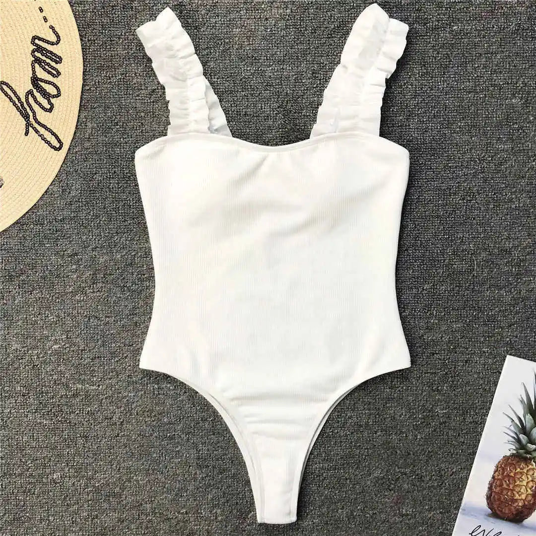 6 Colors Frill Trim Ruffled Sexy Women Swimwear One Piece Swimsuit Female Ribbed Bather Bathing Suit Swim Wear Monokini V1668