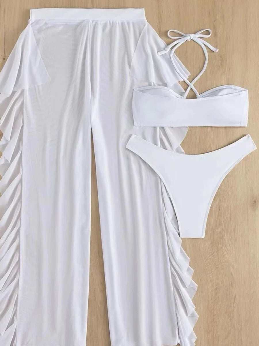 3 Piece Halter Cross Bikini Swimsuit & Sexy Thin Pants Swimwear Women 2026 Solid Bathing Swimming Swim Suit Female Beachwear
