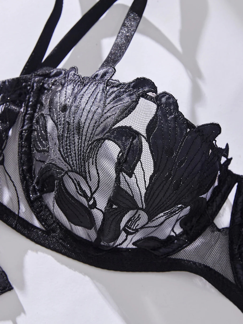 Floral Embroidery Sexy Lingerie Set Women Transparent Bralette Underwire Push Up Bra Panty 2 Piece Set