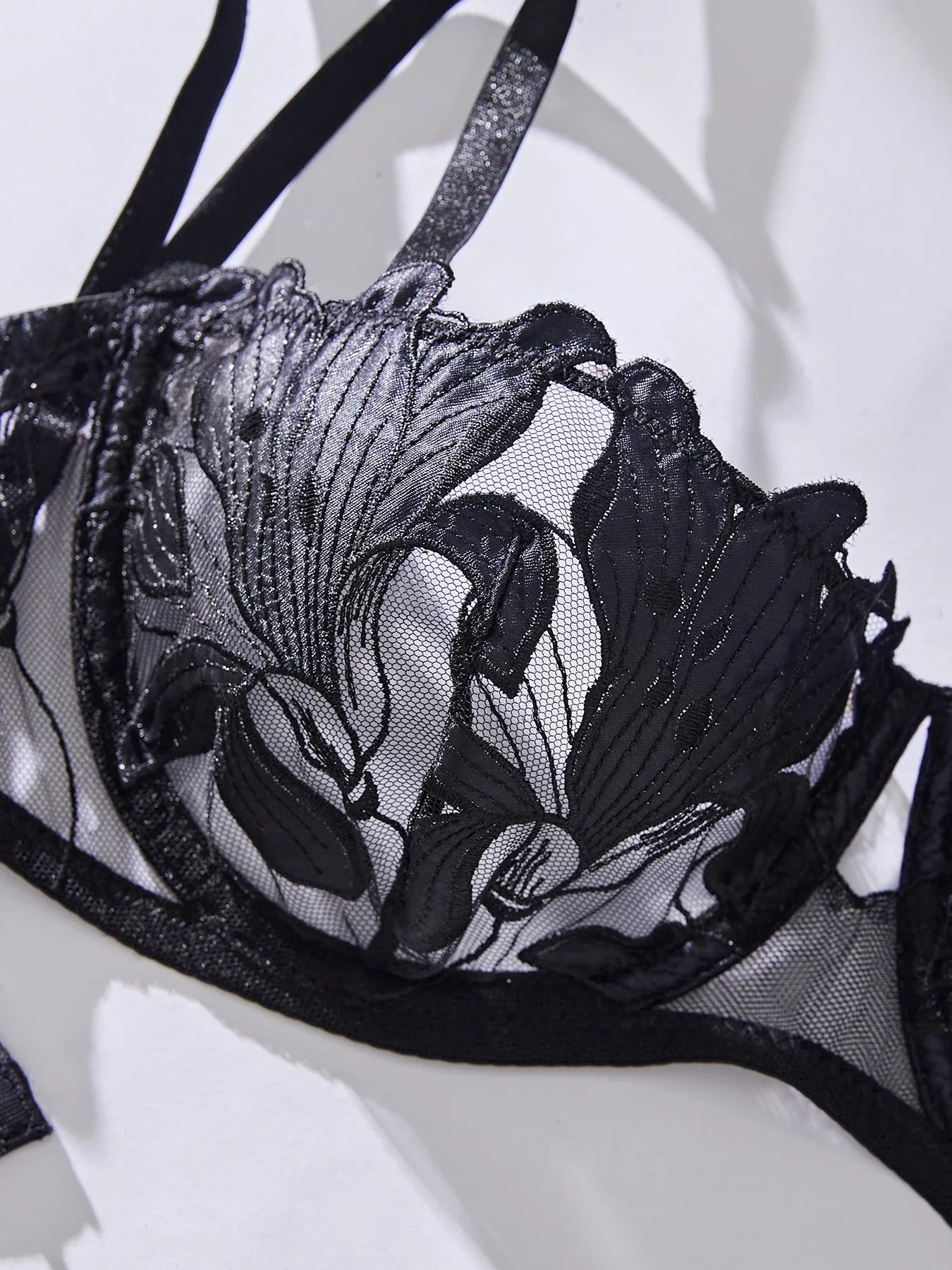 Floral Embroidery Sexy Lingerie Set Women Transparent Bralette Underwire Push Up Bra Panty 2 Piece Set