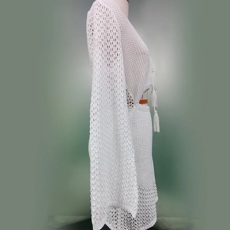 2026 Bikini Cover-up Beach White Crochet Tunic Knitted Summer Bodycon Mini Dress See Through Hollow Out Sexy Women Cover Up