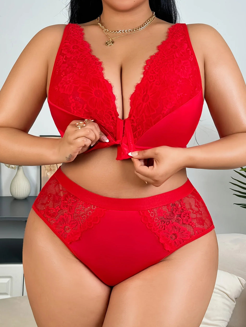 Plus Size Front Closure Lingerie Set, French Lace Sweet & Sexy Bra, Alluring Underwear Outfit
