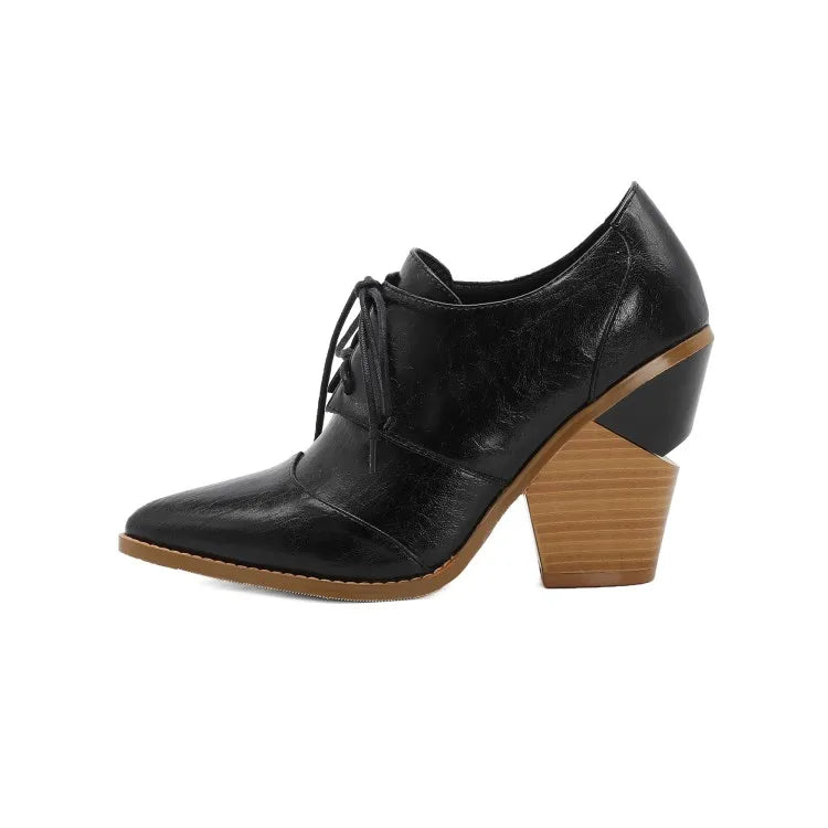 Snake Print Pumps Women Lace Up Brogue Shoes Pointed Toe Wedge Heels Deep Mouth Plus Size 40 41 42