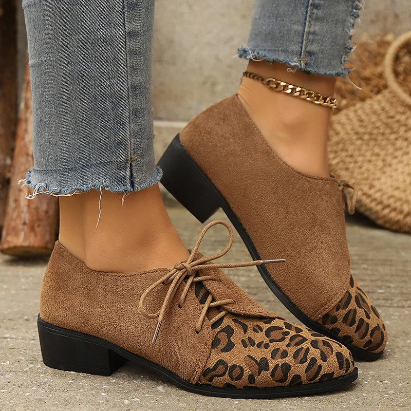New Patchwork Loepord Pointed Toe Shoes for Women Retro Fax Suede Lacing Pumps Woman Shallow Square Heel Single Shoes Mujer