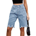 Women’s Ripped Bermuda Denim Shorts Solid Color Casual High Waist Raw Hem Knee Length Jean Shorts Streetwear