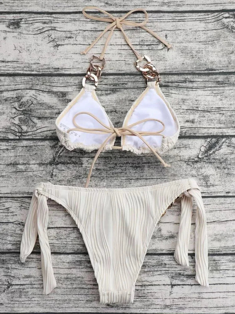 Halter Metal Rings Bikinis Wrinkled Bikini Female Swimsuit Women Swimwear Two-pieces Bikini Set High Cut Bathing Suit Swim Lady