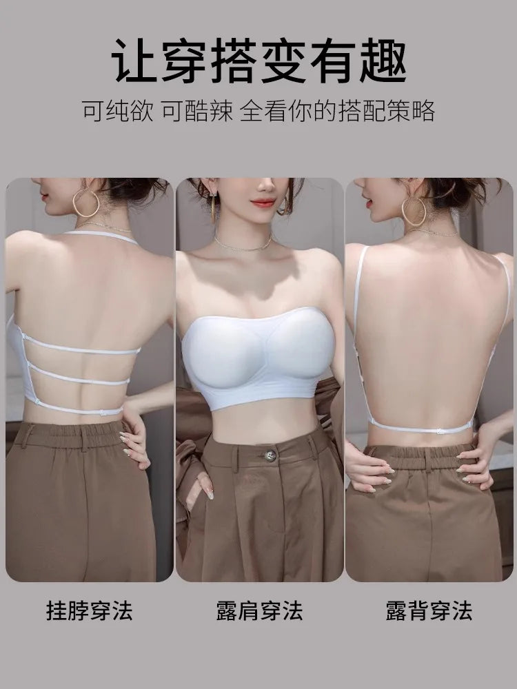 MOYISU Strapless Push Up Bra Underwear, Cross Back for Small Chest, Padded Enhancer Adhesive Lift to Look Bigger, Deep Plunge