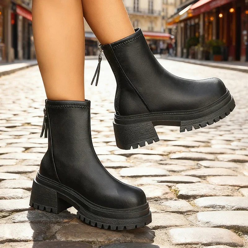 Pu Leather Black Ankle Boots Women Plus Size 42 Back Zipper Platform Boots Woman Streetwear Thick Sole Motorcycle Shoes Female