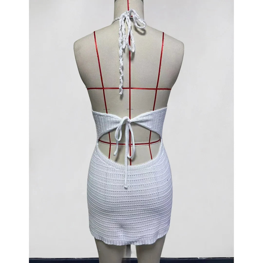 Hollow Out Halter Backless Crochet Knitted Tunic Beach Cover Up Cover-ups Beach Dress Beach Wear Beachwear Female Women K7022