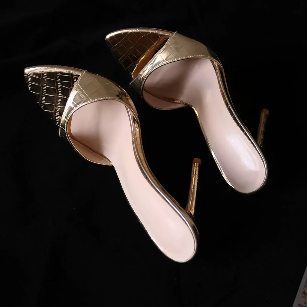 Women's Gold Crocodile Embossed Metallic Stiletto Mules - Open Toe High Heel Sandals for Party, Summer & Evening