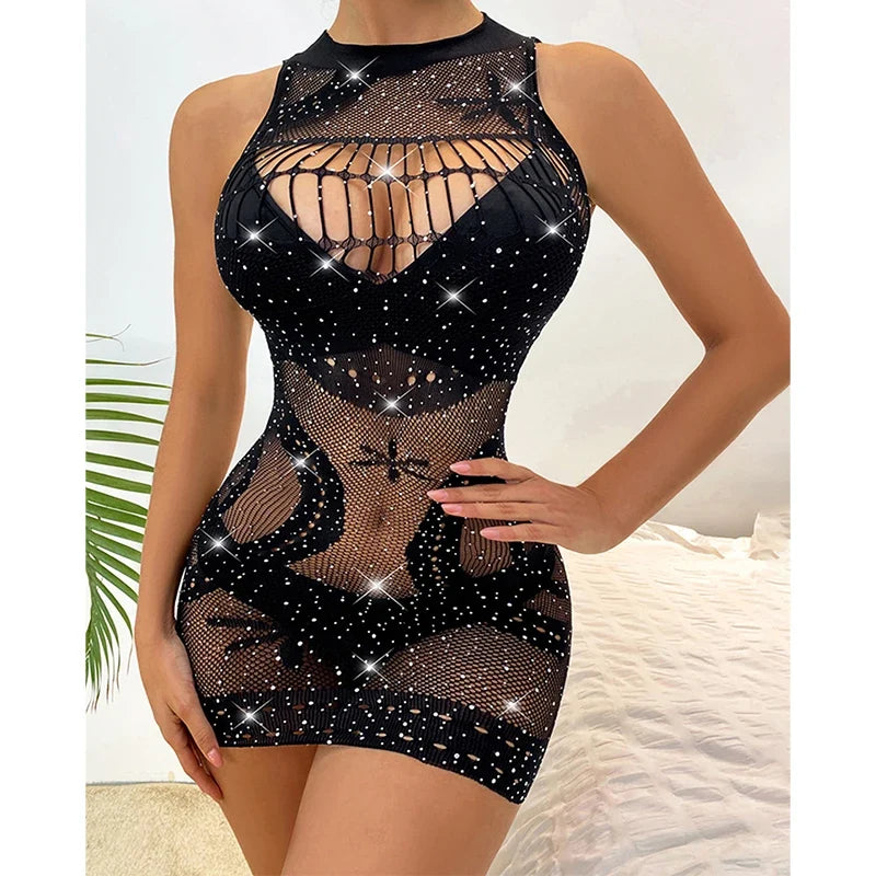 1PC Women Sexy Fishnet Beach Cover Up Hollow Out Bodycon Dress See Through Summer Swimwear