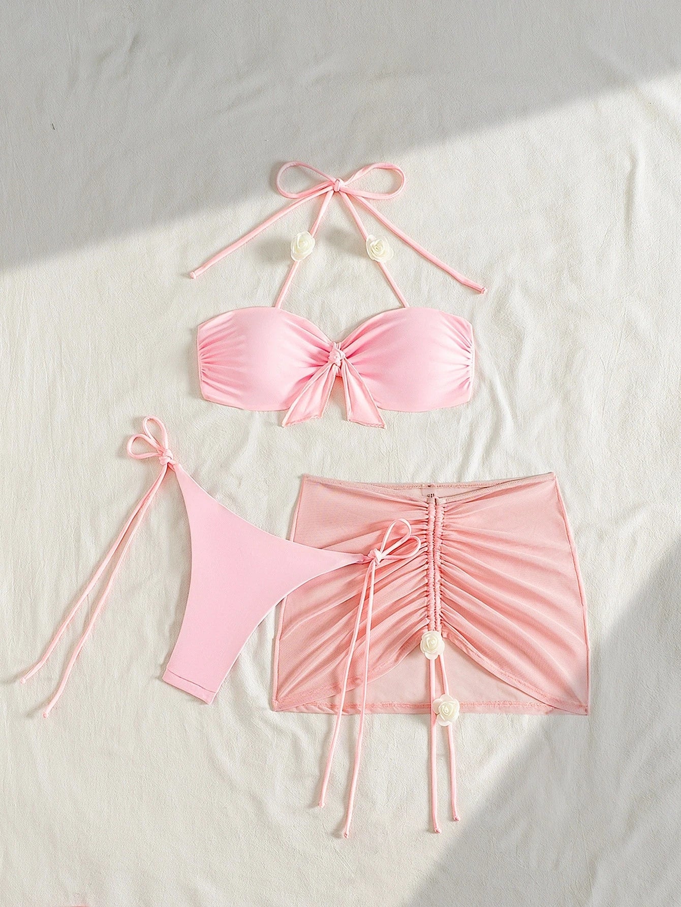 DEKA Solid 3 piece Swimsuit Women Pink Lace-up Sexy Bikini Split Swimsuit