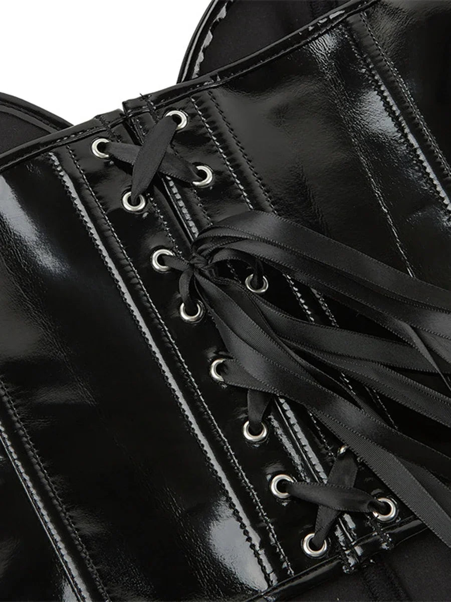 Women PU Leather Bustier Back Lacing-up Fish Boned Corset Curved Hemline Crop Tank Tops