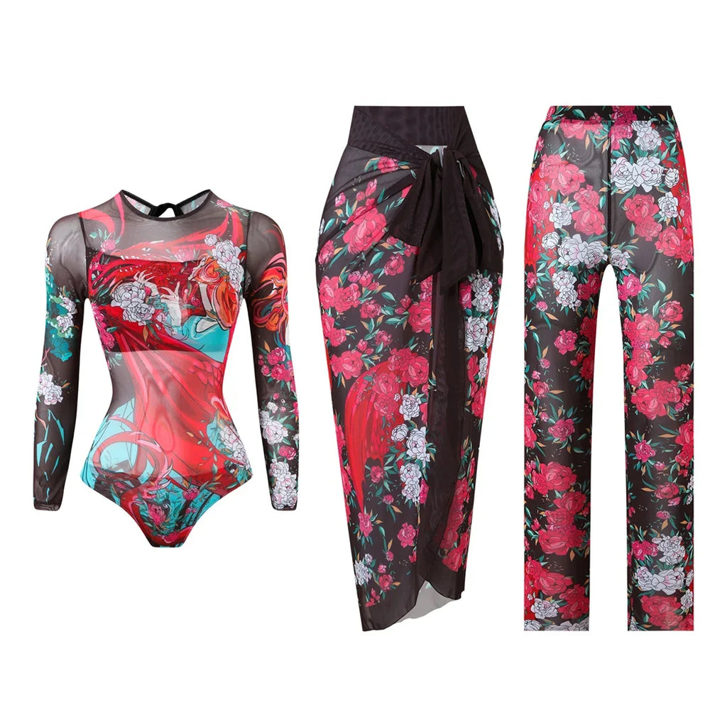 S - XXL 3PCS New Printed Long Sleeve With Pants Sarong Women Swimwear One Piece Swimsuit Female Bather Bathing Suit Swim K7180