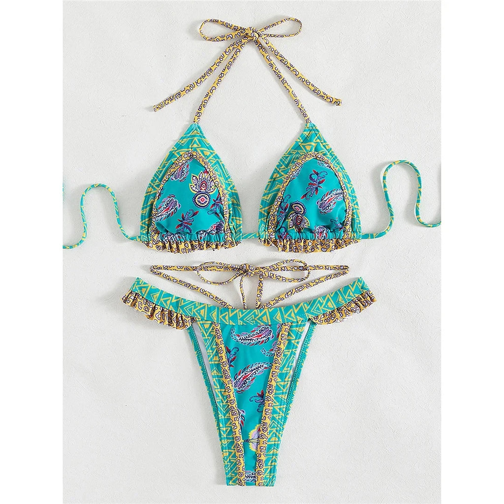 5 Colors Sexy Printed Halter Frilled Bikini Women Swimwear Female Swimsuit Two-Pieces Bikini Set Bather Bathing Suit Swim V4651