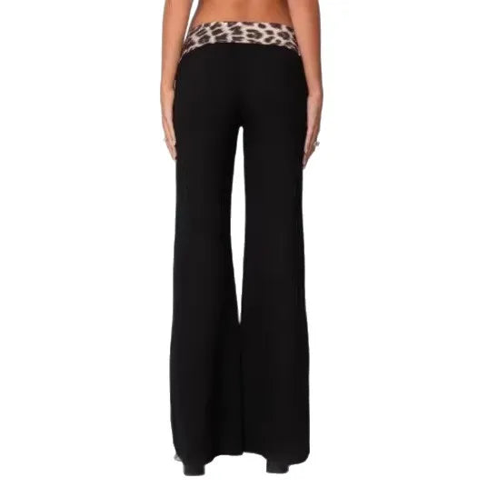 Women's spring and summer leopard print stitching micro-flared high-waisted casual trousers