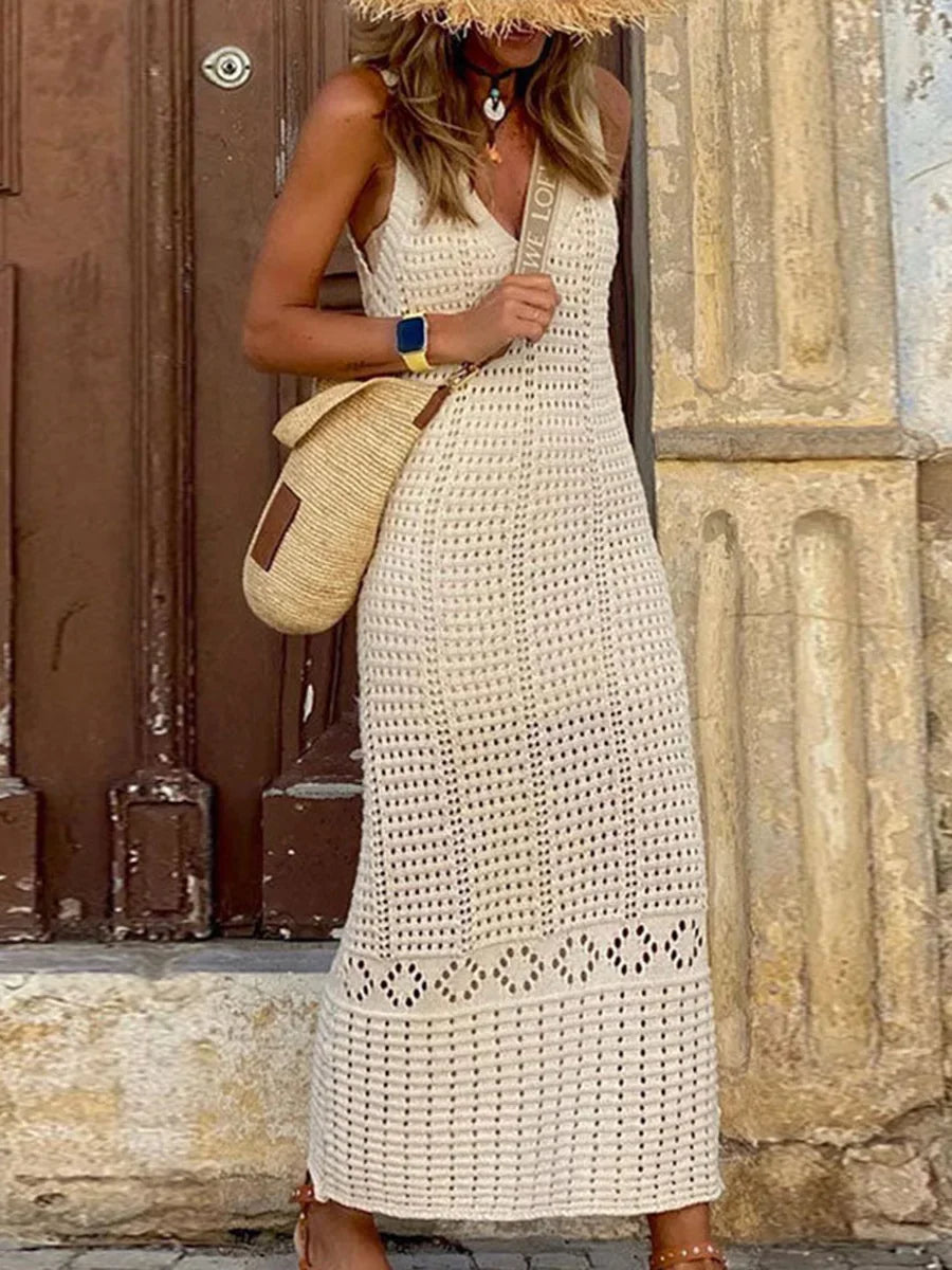 S - XL 2025 V Neck Hollow Out Crochet Knitted Tunic Beach Cover Up Long Cover-ups Beach Dress Beach Wear Beachwear Female Women