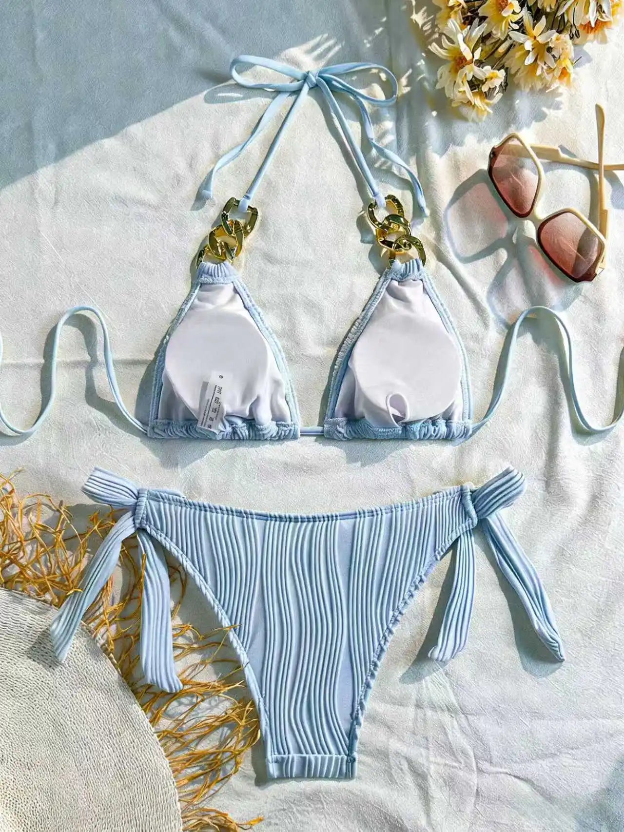 2026 Triangle String Bikinis Women Chain Linked Swimwear Female Sexy Swimsuit Solid Bathers Bathing Swimming Swim Suit Beachwear