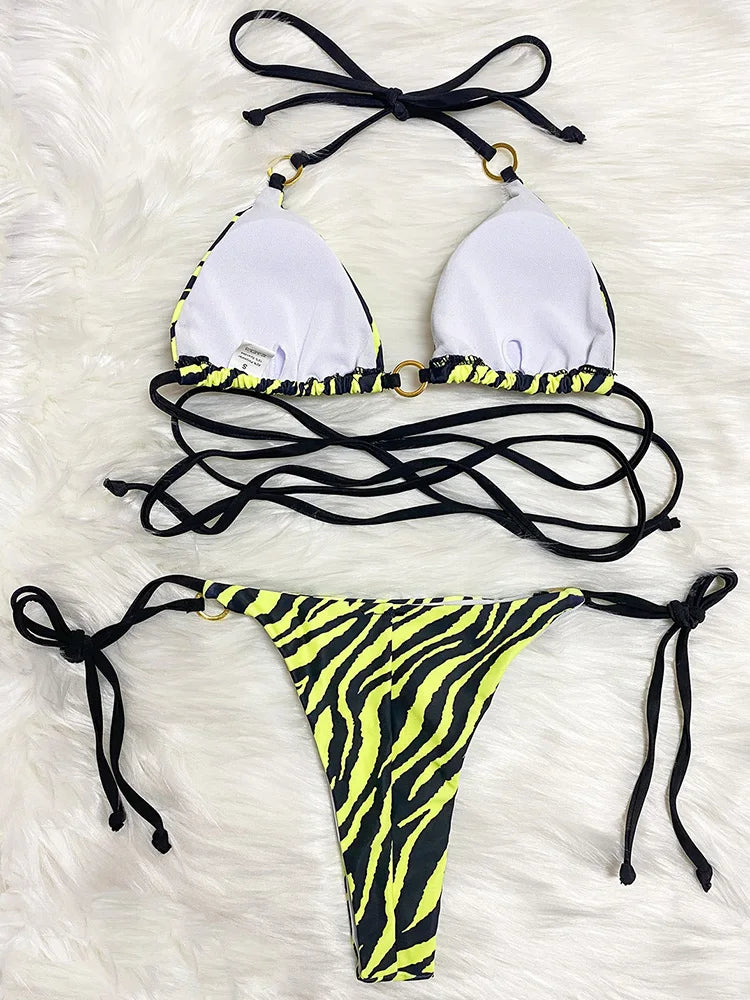 Zebra Leopard Wrap Around Halter Micro Mini Bikini Women Swimwear Female Swimsuit Two-pieces Bikini set Bather Bathing Suit Swim