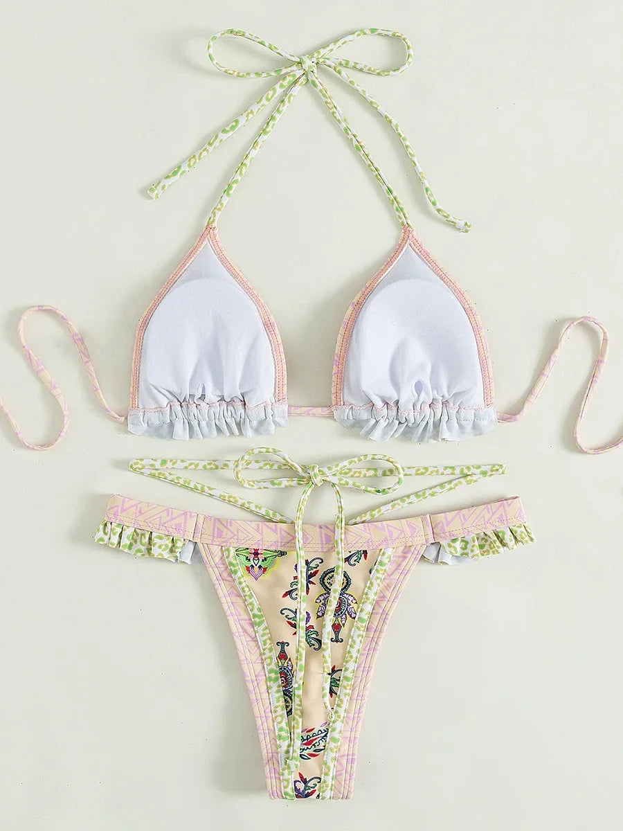 Floral Printed Halter Ruffled Frilled Bikini Women Swimwear Female Swimsuit Two-pieces Bikini set Thong Bathing Suit Swim Lady