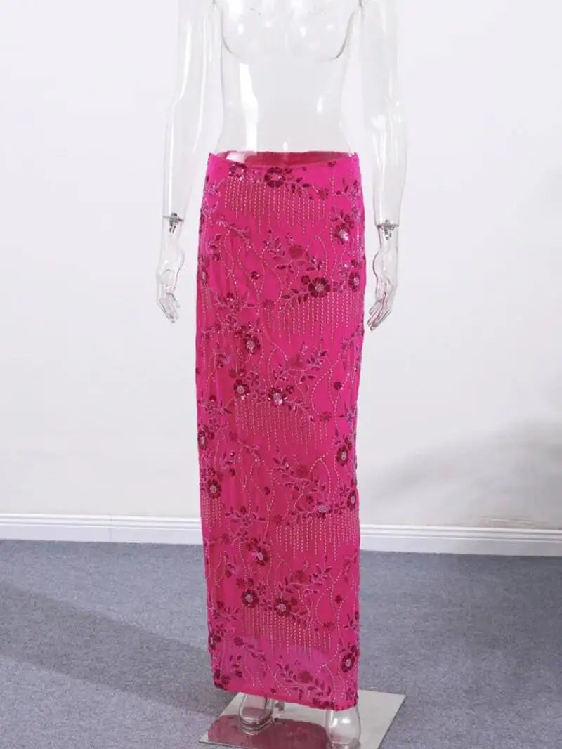 Sexy Beading Sequined Long Skirt Women Solid Low Waist Slim Straight Skirts Female Summer Lady Chic Beach Vacation Clothes JO6M