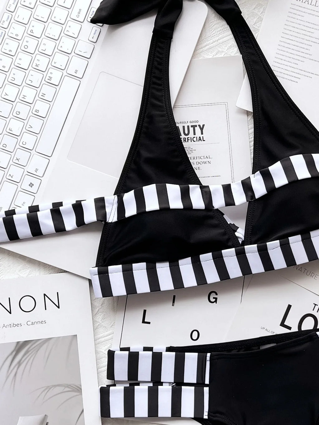 New Sexy Bikini Women Swimwear Swimsuit Striped Patchwork Hollow Halter Knotted High Waist Bikinis Set Bathing Suit Beach Bikini