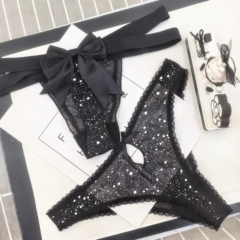 Sexy Women's Thong Erotic Cross Hollow T Pants Starry Sky Shiny Sequins Black Mesh Transparent Bow Perspective Briefs Lingerie