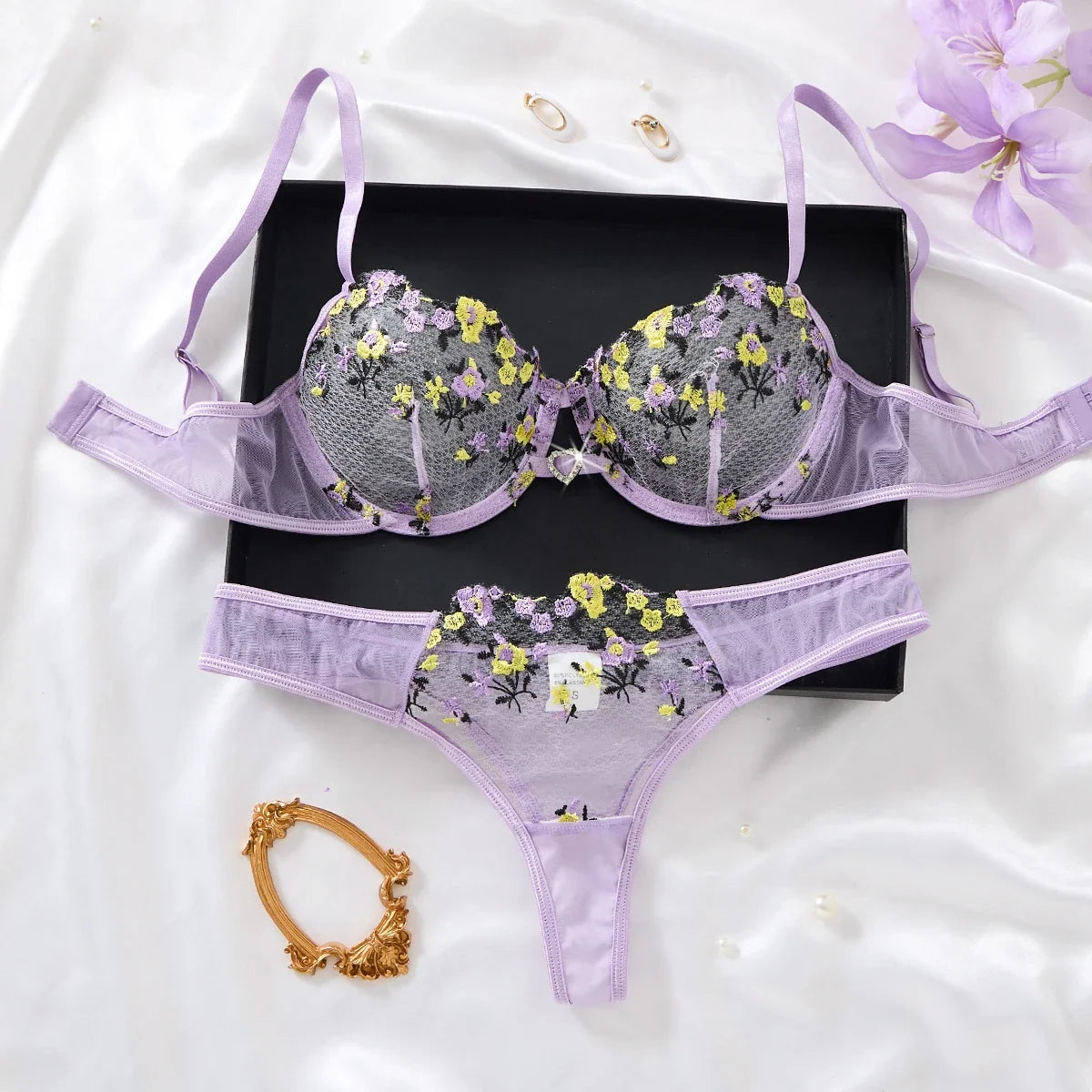 Women's Purple Floral Embroidery Lingerie Set Half Cup Push Up Bra And Thong Sheer Mesh Lace Comfortable Sexy Underwear ZA824026