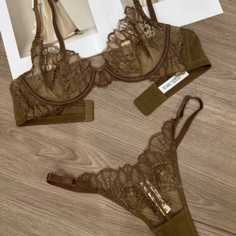 Toucheart Erotic Lingerie Panty 2PCS Thin Model See-through Lace Big Breasts Appear Smaller and Prevent Sagging Delicate Bra Set