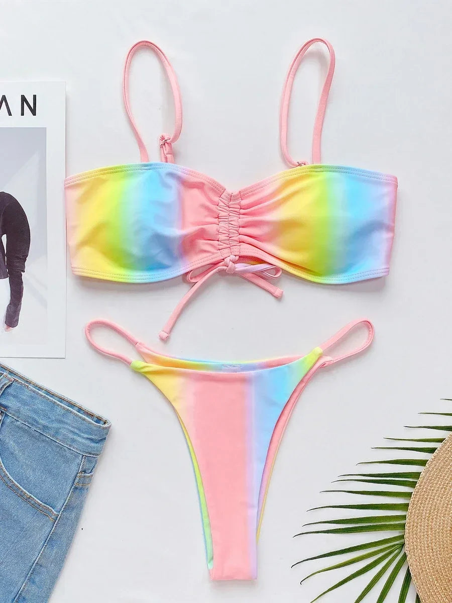 2026 New Sexy Bikini Women Drawstring Rainbow Butterfly Print Swimwear Swimsuit Female Bikinis Set Bathing Suit Banadores Mujer