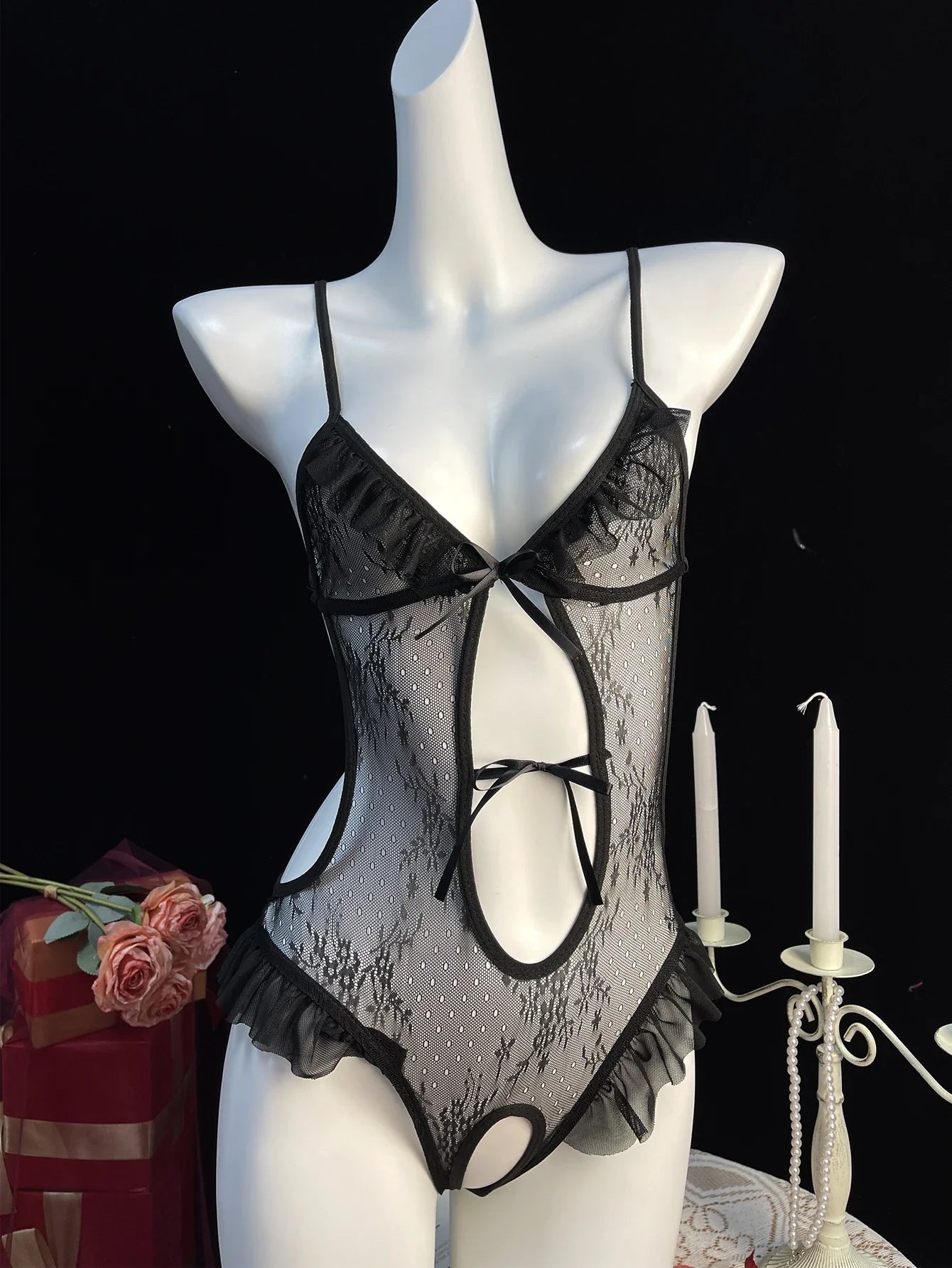 Crothless Sexy Lingerie Women Bodysuit Lace Underwear Transparent Hollow Out Fetish Babydoll Dress Open Croth Erotic Costume