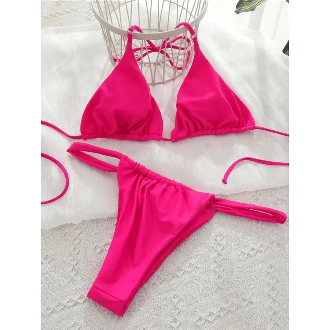 PU Pleated Ruched Bikinis Mini Micro Thong Bikini Women Swimwear Female Swimsuit Two-pieces Bikini Set Halter Bathing Suit Swim