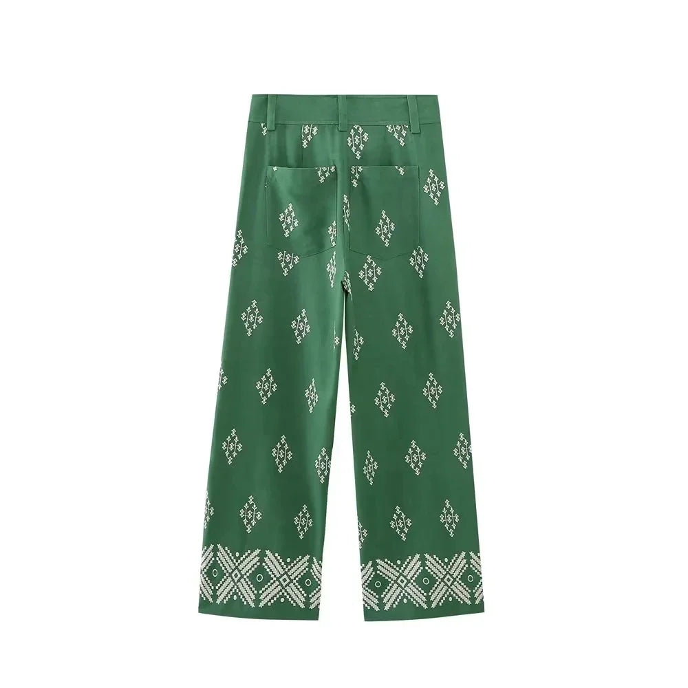 Foridol Geometric Embroidery Wide Leg Spring Summer Women Beige Long Pants Zip Fashion Trousers Pantalones De Mujer Autumn Pants