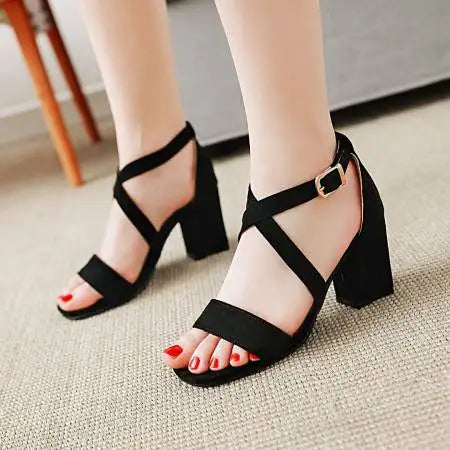 Big Size Casual Women Sandals Black Flock 7cm High Square Heels Peep Toe Summer Cross Buckle Strap Party Office Red Lady Sandals