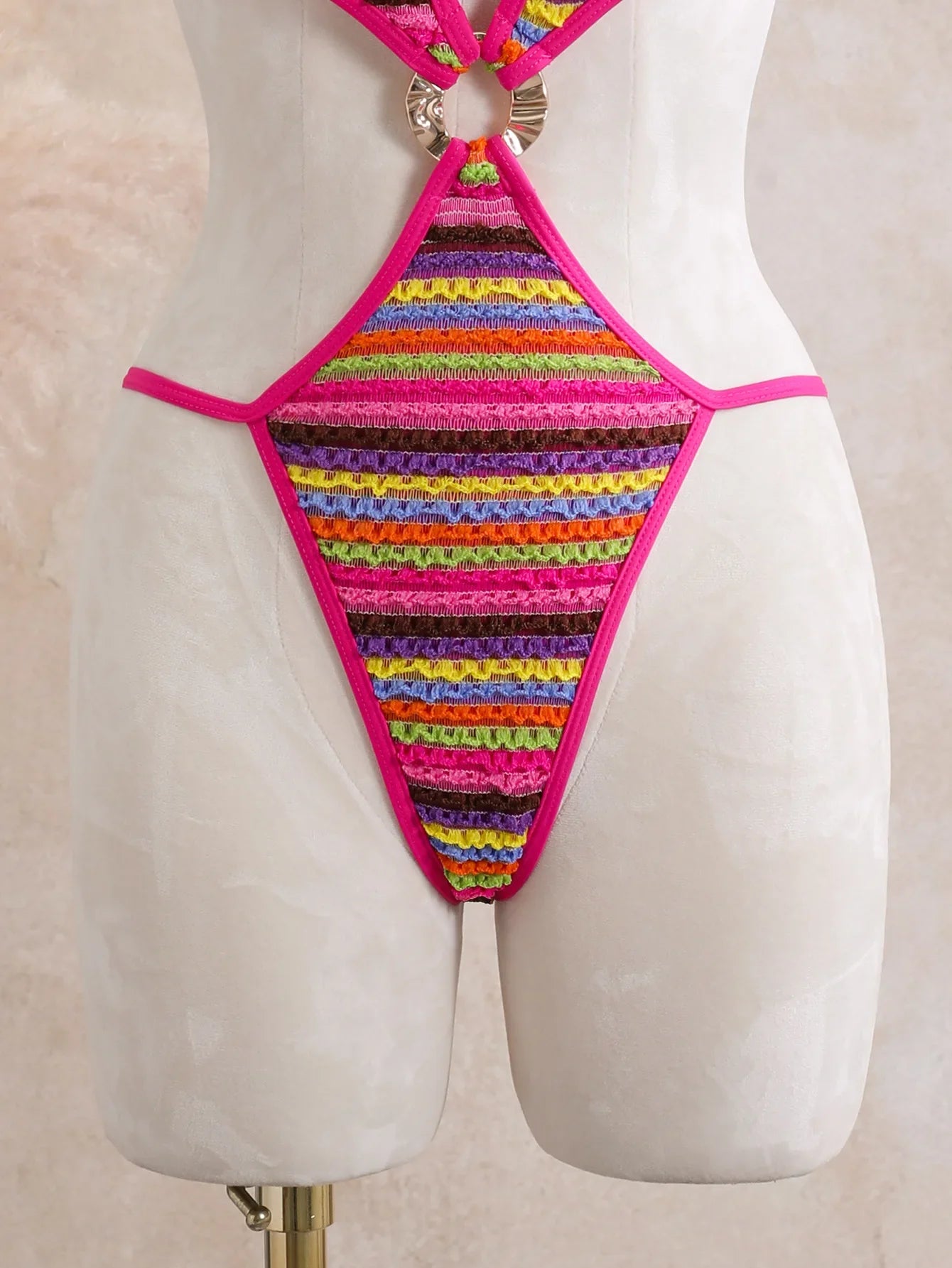 Sexy Black Stripe Knitted One Piece Swimwear Skirts Sets 2026 Women Metal Circle Hollow Out Backless Bathing Suit Thong Swimsuit