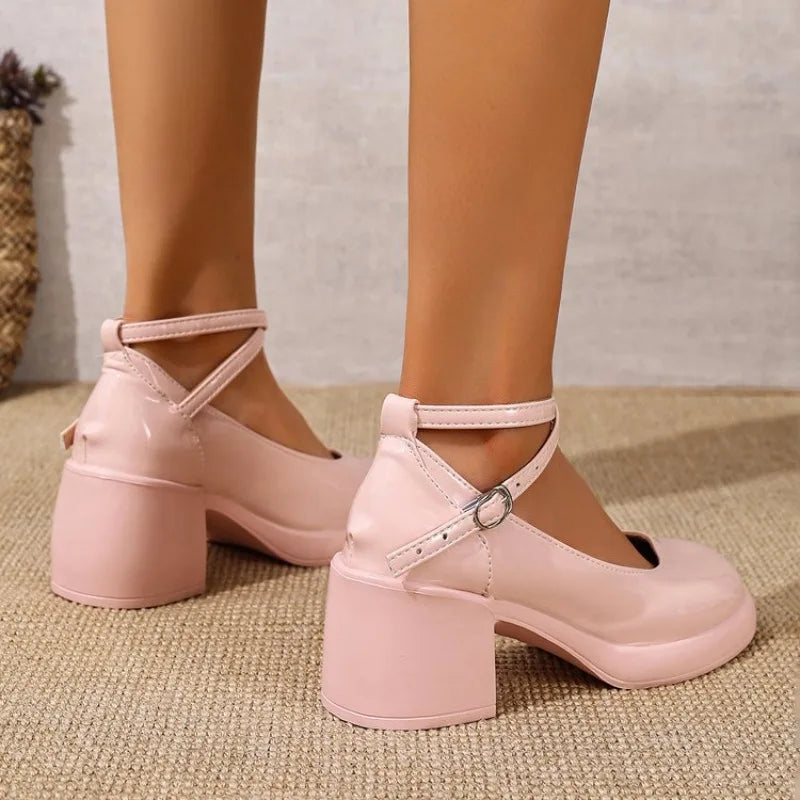 Fashion Ankle Strap Mary Janes Women 2026 PU Heel Pumps Woman  Party High Heels Shoes Female